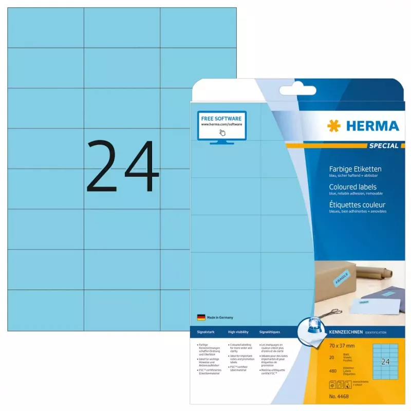 Zelfklevende printeretiketten HERMA Coloured Labels A4 70x37 mm blauw