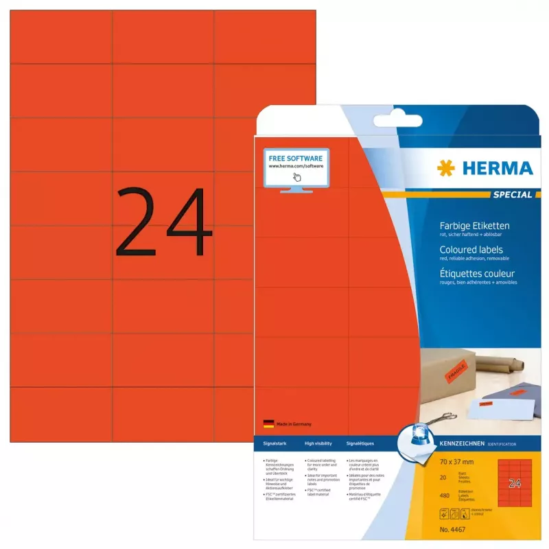 Etiketten HERMA gekleurd A4 70x37 mm rood papier mat 480 stuks