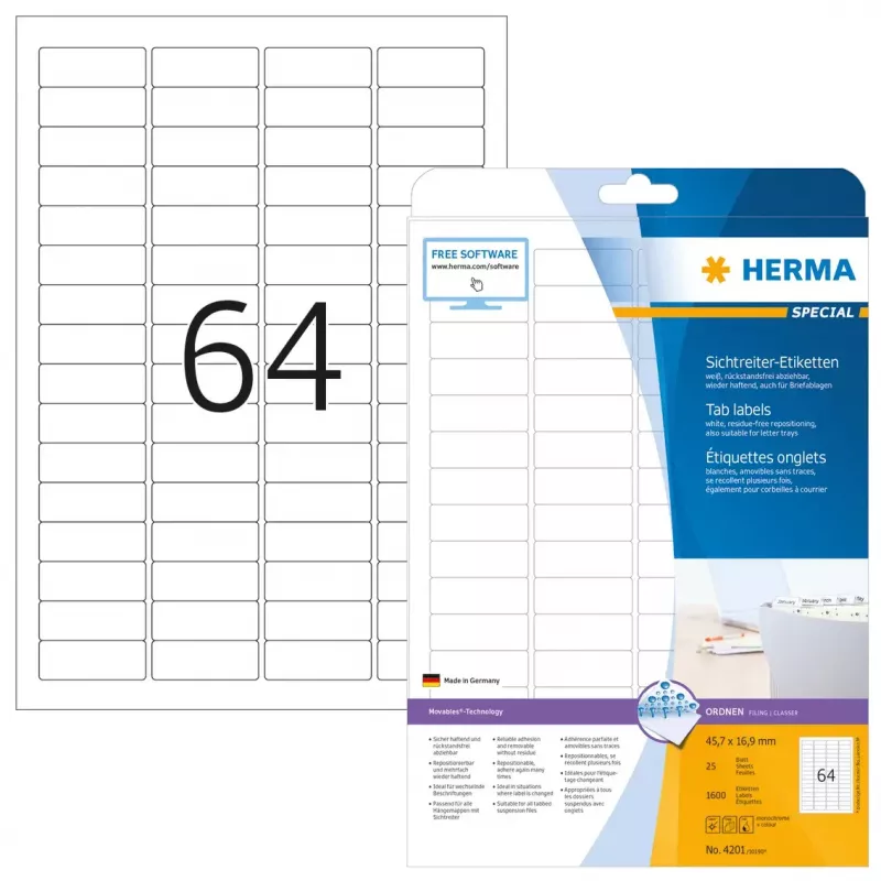 HERMA registertab-etiketten A4 45,7x16,9 mm wit Movables 1600 stuks