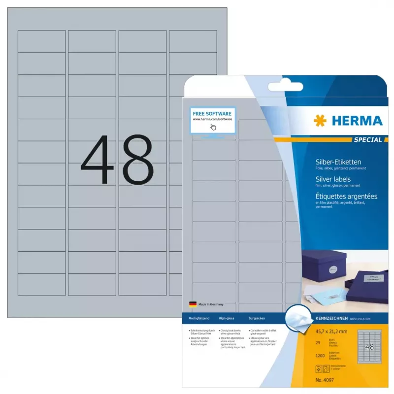 Zelfklevende printeretiketten HERMA Labels A4 45,7x21,2 mm zilver folie glanzend