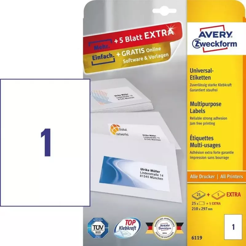 Zelfklevende rechthoekige etiketten Avery Zweckform 6119, permanent hechtend, wit, 30 stuks