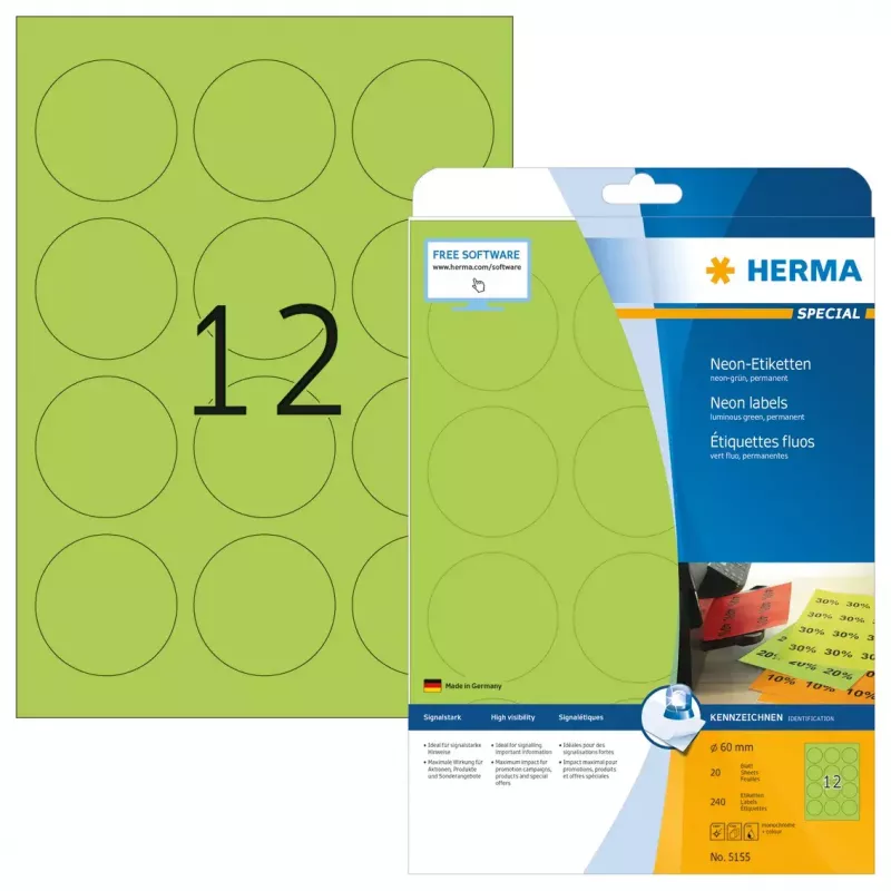Zelfklevende printeretiketten HERMA Neon-etiketten A4 Ø 60 mm
