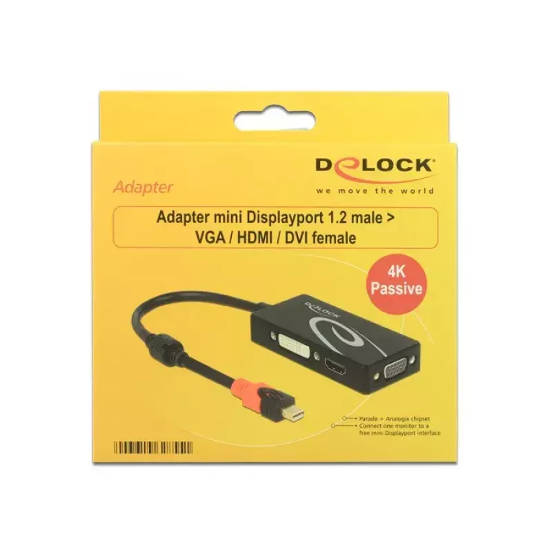 Delock 62855 Mini DisplayPort 1.2 naar VGA / HDMI / DVI adapter, 4K, passief, zwart
