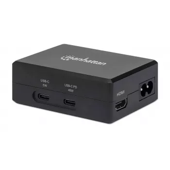 Manhattan Smart Video Multiport Dock, aansluitingen (x5): HDMI-aansluiting, USB-A (x2), USB-C (x2), met Power Delivery naar de USB-C-aansluiting, interne voeding, ultrakompact, afneembaar netsnoer, zwart, drie jaar garantie, retailbox