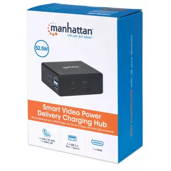 Manhattan Smart Video Multiport Dock, aansluitingen (x5): HDMI-aansluiting, USB-A (x2), USB-C (x2), met Power Delivery naar de USB-C-aansluiting, interne voeding, ultrakompact, afneembaar netsnoer, zwart, drie jaar garantie, retailbox