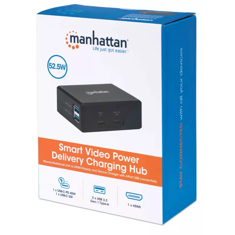 Manhattan Smart Video Multiport Dock, aansluitingen (x5): HDMI-aansluiting, USB-A (x2), USB-C (x2), met Power Delivery naar de USB-C-aansluiting, interne voeding, ultrakompact, afneembaar netsnoer, zwart, drie jaar garantie, retailbox