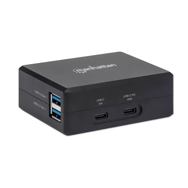 Manhattan Smart Video Multiport Dock, aansluitingen (x5): HDMI-aansluiting, USB-A (x2), USB-C (x2), met Power Delivery naar de USB-C-aansluiting, interne voeding, ultrakompact, afneembaar netsnoer, zwart, drie jaar garantie, retailbox