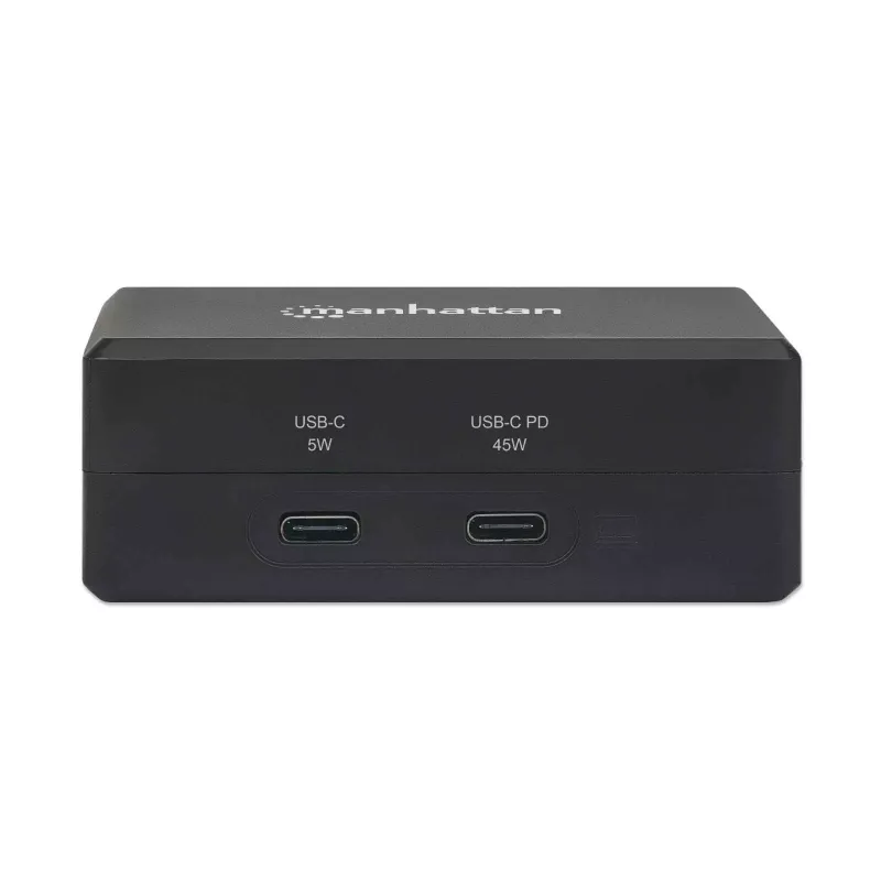 Manhattan Smart Video Multiport Dock, aansluitingen (x5): HDMI-aansluiting, USB-A (x2), USB-C (x2), met Power Delivery naar de USB-C-aansluiting, interne voeding, ultrakompact, afneembaar netsnoer, zwart, drie jaar garantie, retailbox