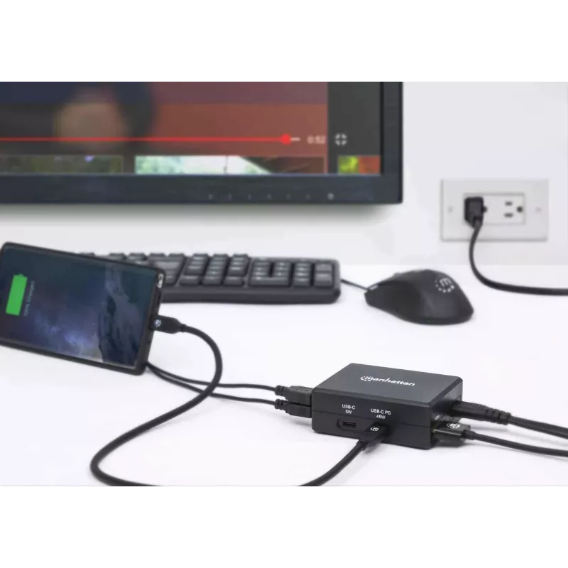 Manhattan Smart Video Multiport Dock, aansluitingen (x5): HDMI-aansluiting, USB-A (x2), USB-C (x2), met Power Delivery naar de USB-C-aansluiting, interne voeding, ultrakompact, afneembaar netsnoer, zwart, drie jaar garantie, retailbox