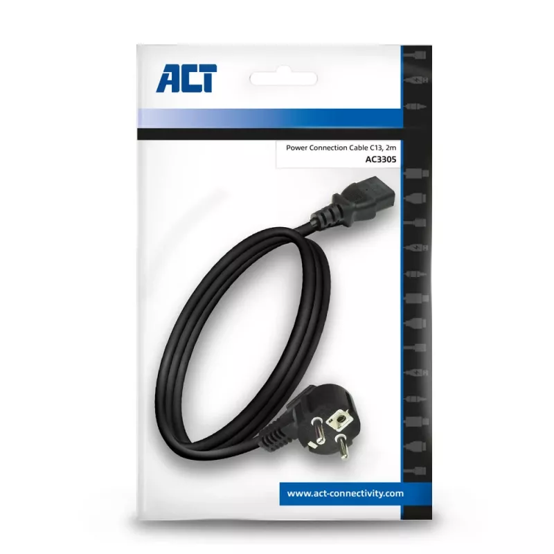 ACT Powercord netsnoer CEE 7/7 stekker (haaks) - C13 zwart 2 m