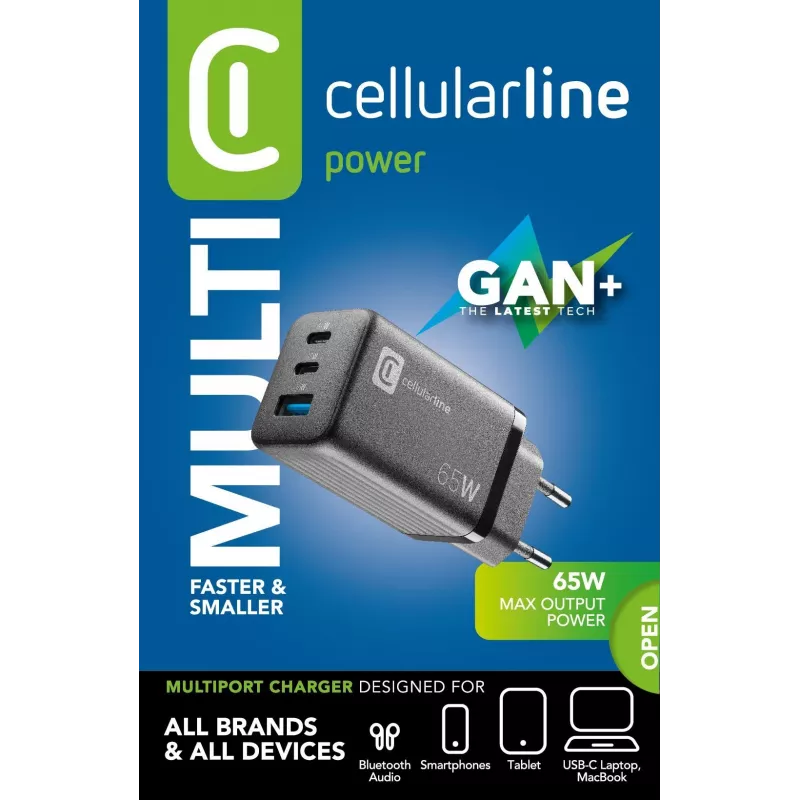 Cellularline Multipower Micro 65W ultracompacte 65W-snellader met 3 aansluitingen