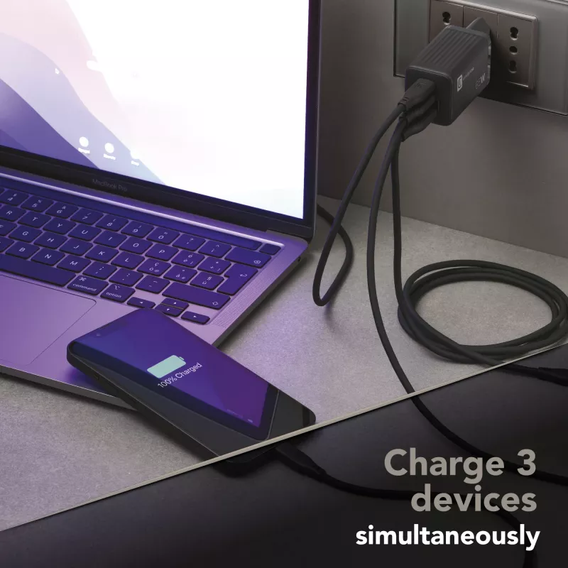 Cellularline Multipower Micro 65W ultracompacte 65W-snellader met 3 aansluitingen
