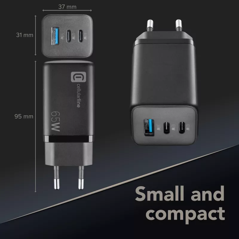 Cellularline Multipower Micro 65W ultracompacte 65W-snellader met 3 aansluitingen