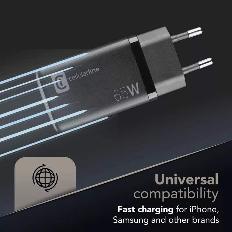 Cellularline Multipower Micro 65W ultracompacte 65W-snellader met 3 aansluitingen