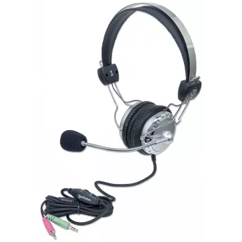Manhattan stereo over-ear-headset (3,5 mm), gevoerde microfoonbeugel, verstelbare stalen hoofdbeugel, inline volumeregeling, oorkussens, standaard 2x 3,5 mm stereojack/stekker voor audio/microfoon, 2,5 m kabel, 3 jaar garantie