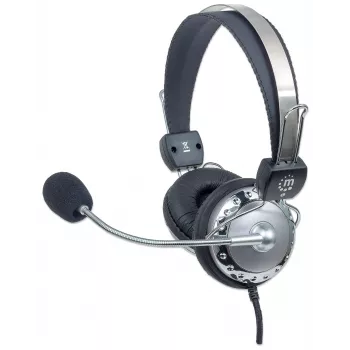 Manhattan stereo over-ear-headset (3,5 mm), gevoerde microfoonbeugel, verstelbare stalen hoofdbeugel, inline volumeregeling, oorkussens, standaard 2x 3,5 mm stereojack/stekker voor audio/microfoon, 2,5 m kabel, 3 jaar garantie