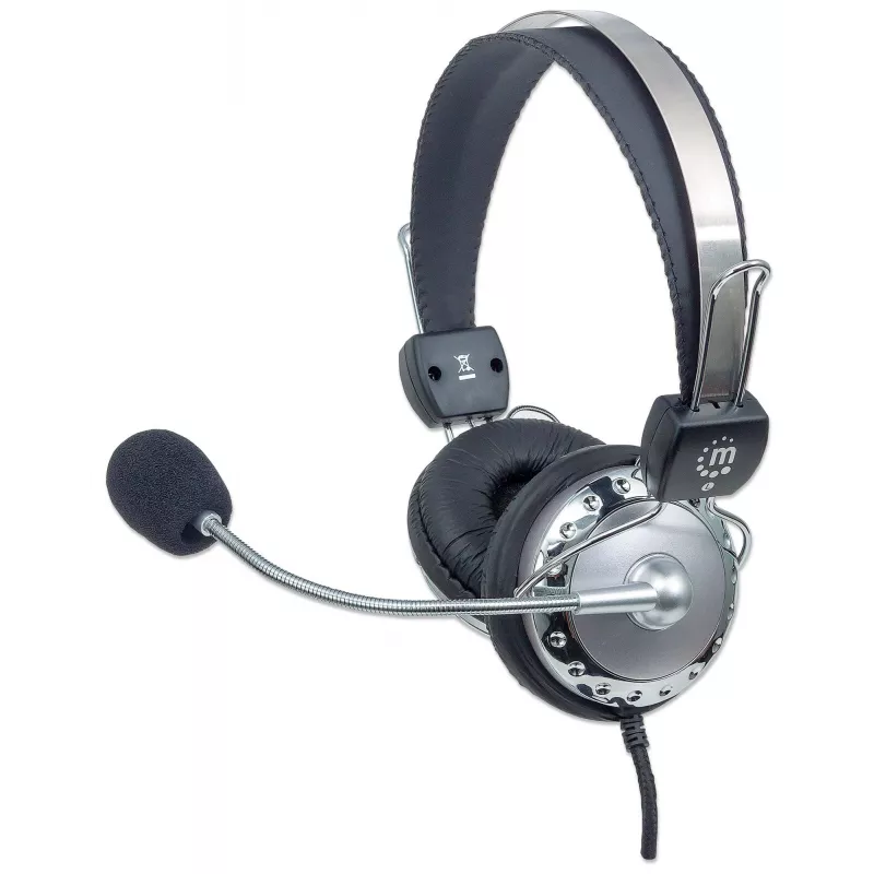 Manhattan stereo over-ear-headset (3,5 mm), gevoerde microfoonbeugel, verstelbare stalen hoofdbeugel, inline volumeregeling, oorkussens, standaard 2x 3,5 mm stereojack/stekker voor audio/microfoon, 2,5 m kabel, 3 jaar garantie