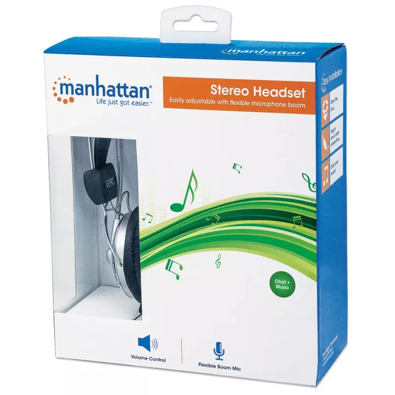 Manhattan stereo over-ear-headset (3,5 mm), gevoerde microfoonbeugel, verstelbare stalen hoofdbeugel, inline volumeregeling, oorkussens, standaard 2x 3,5 mm stereojack/stekker voor audio/microfoon, 2,5 m kabel, 3 jaar garantie