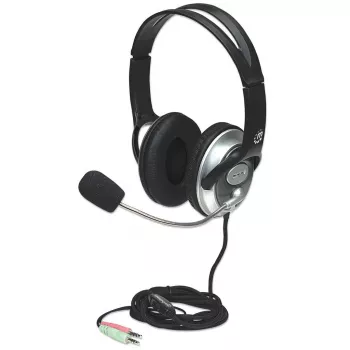 Manhattan stereo over-ear-headset (3,5 mm), microfoonbeugel (gevoerd), verstelbare stalen hoofdbeugel, kabelafstandsbediening voor volumeregeling, oorkussens, standaard 2x 3,5 mm stereojackstekker voor audio/microfoon, kabel 2,5 m, 3 jaar garantie