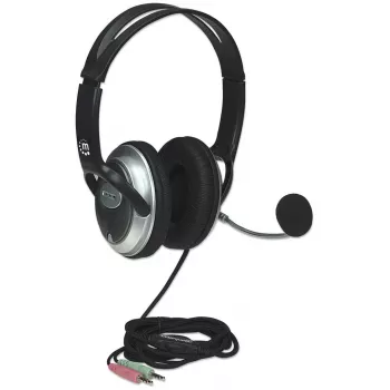 Manhattan stereo over-ear-headset (3,5 mm), microfoonbeugel (gevoerd), verstelbare stalen hoofdbeugel, kabelafstandsbediening voor volumeregeling, oorkussens, standaard 2x 3,5 mm stereojackstekker voor audio/microfoon, kabel 2,5 m, 3 jaar garantie