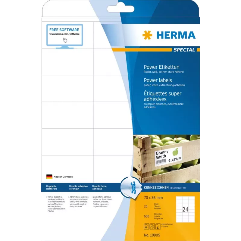Zelfklevende printerlabels HERMA Labels A4 70x36 mm wit extra sterk hechtend papier mat 600 stuks