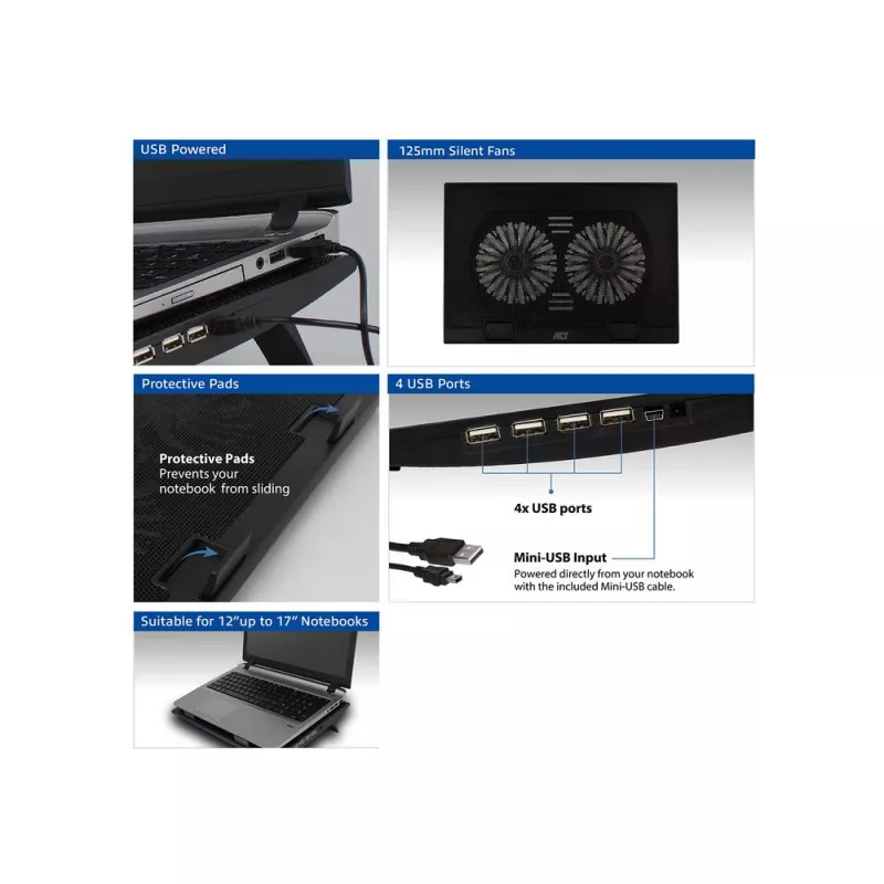 Laptopstandaard ACT AC8105 met ventilator in hoogte verstelbaar 2 standen 4-poorts hub