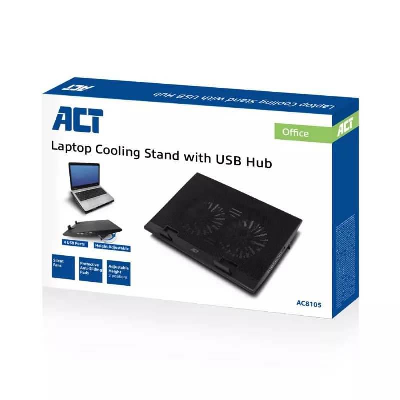 Laptopstandaard ACT AC8105 met ventilator in hoogte verstelbaar 2 standen 4-poorts hub