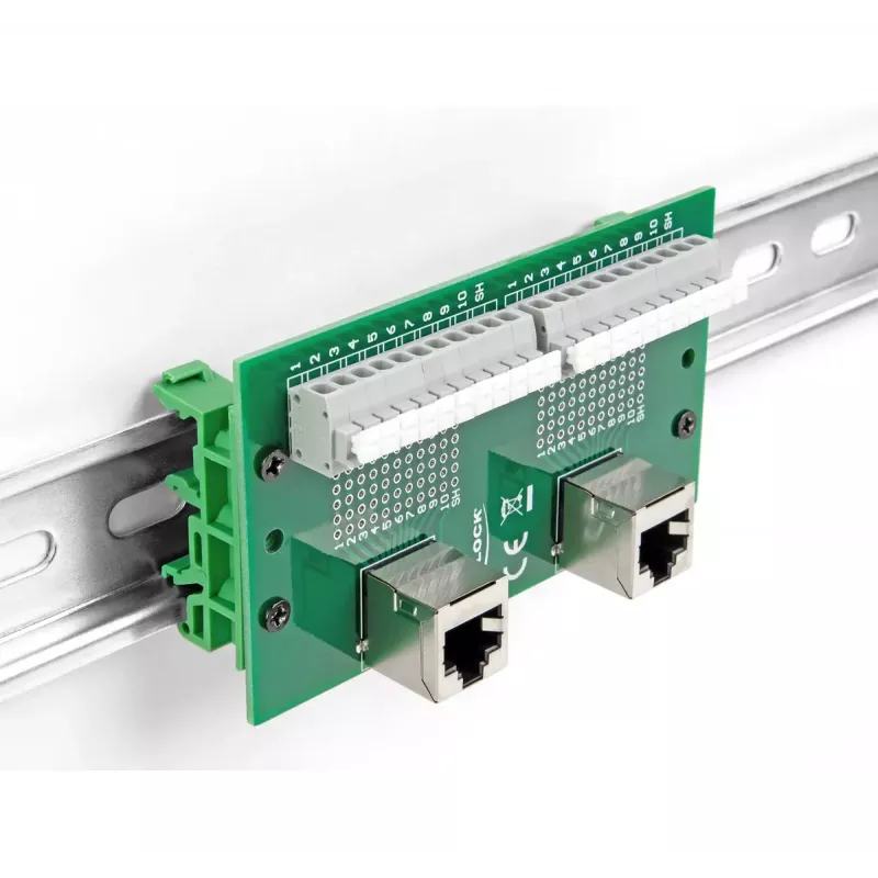 DeLOCK RJ50 2 x bus op 2 x klemmenblok met drukknop voor DIN-rail haaks