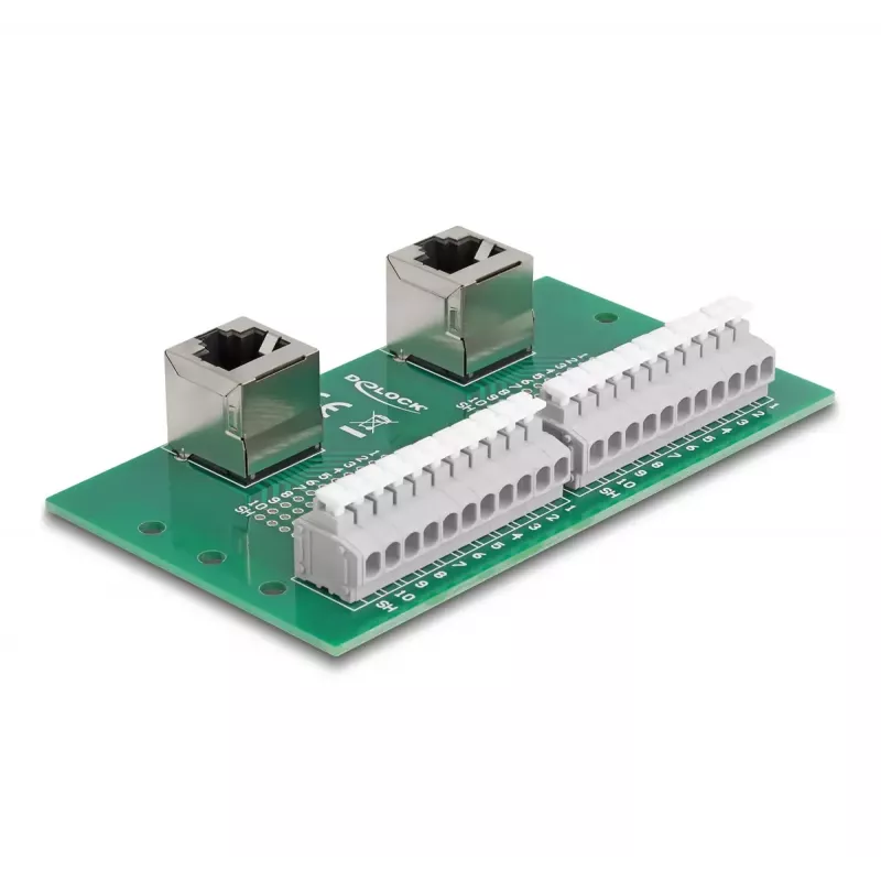 DeLOCK RJ50 2 x bus op 2 x klemmenblok met drukknop voor DIN-rail haaks