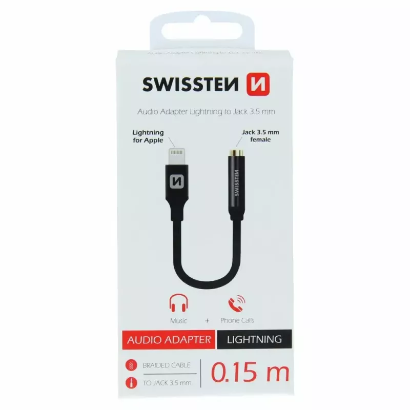 Audio-adapter SWISSTEN Lightning naar 3,5-mm jack SW-LIGHT-3.5MM-BK, kabel 0,15 m, zwart