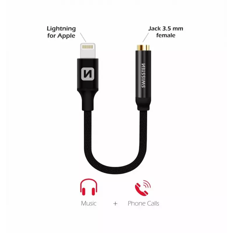 Audio-adapter SWISSTEN Lightning naar 3,5-mm jack SW-LIGHT-3.5MM-BK, kabel 0,15 m, zwart