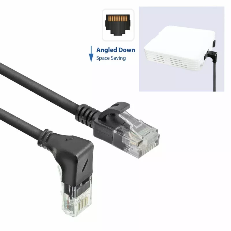 ACT Zwart 1 meter U/UTP CAT6A LSZH Slimline patchkabel met RJ45-stekkers 90° haaks omlaag naar recht