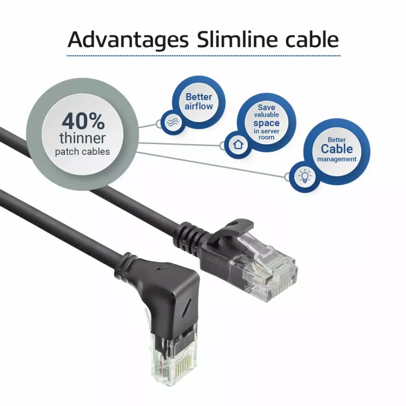 ACT Zwart 1 meter U/UTP CAT6A LSZH Slimline patchkabel met RJ45-stekkers 90° haaks omlaag naar recht