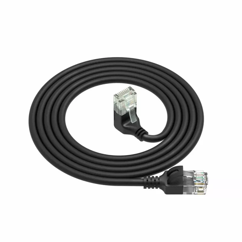 ACT Zwart 2 meter U/UTP CAT6A LSZH Slimline patchkabel met RJ45-stekkers 90° haaks omlaag naar recht