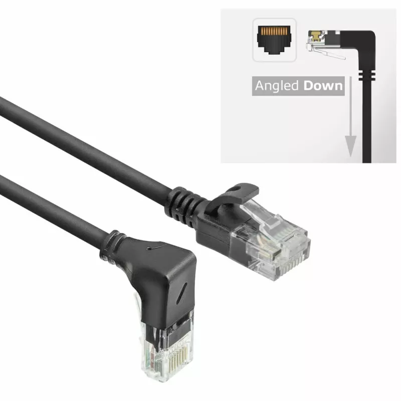 ACT Zwart 2 meter U/UTP CAT6A LSZH Slimline patchkabel met RJ45-stekkers 90° haaks omlaag naar recht