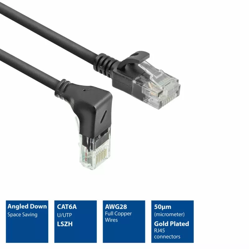 ACT Zwart 2 meter U/UTP CAT6A LSZH Slimline patchkabel met RJ45-stekkers 90° haaks omlaag naar recht
