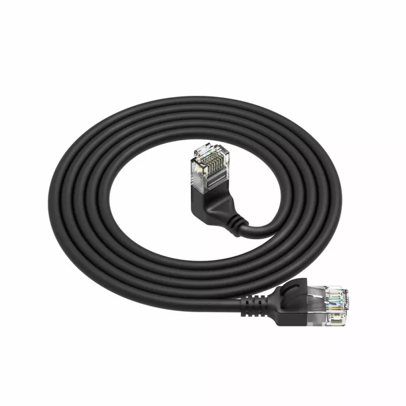 ACT Zwart 2 meter U/UTP CAT6A LSZH Slimline patchkabel met RJ45-stekkers 90° haaks omhoog naar recht