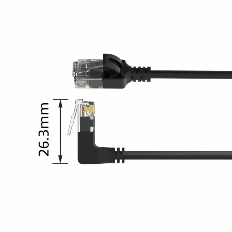 ACT Zwart 2 meter U/UTP CAT6A LSZH Slimline patchkabel met RJ45-stekkers 90° haaks omhoog naar recht