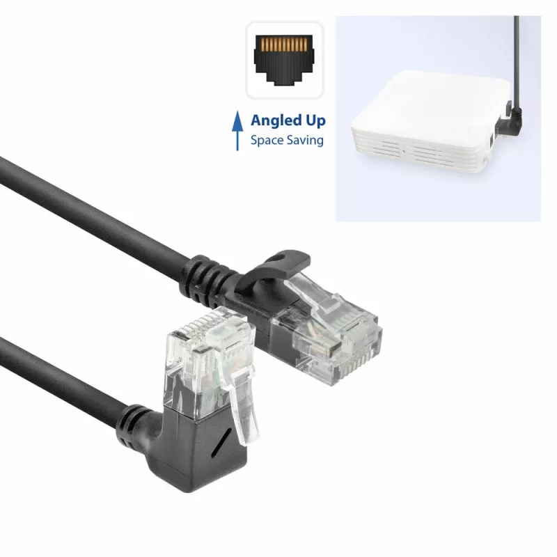 ACT Zwart 5 meter U/UTP CAT6A LSZH Slimline patchkabel met RJ45-stekkers 90° haaks omhoog naar recht