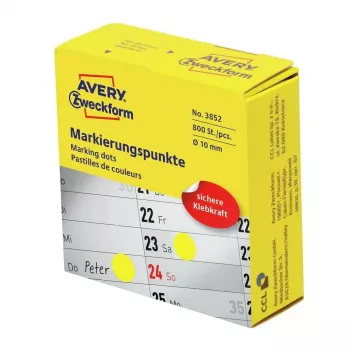 Zelfklevende ronde etiketten Avery 3852, 1 cm diameter, permanent hechtend, 800 stuks, geel