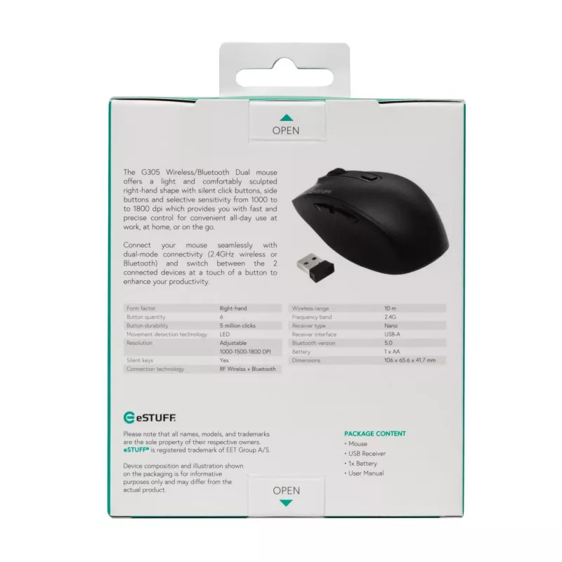 eSTUFF GLB214002 muis kantoor rechtshandig RF draadloos + Bluetooth IR-LED 1800 DPI