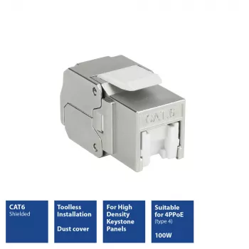 ACT Keystone Jack RJ45 CAT6 afgeschermd gereedschapsloos met shutter zilver-wit