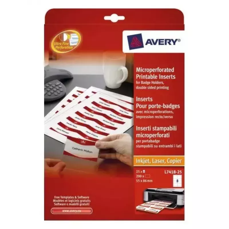 Avery L7418-25 naametiketten, wit, 86 x 55 mm, 200 etiketten (25 vellen)