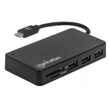 Manhattan USB-C dock/hub met kaartlezer, aansluitingen (x3): USB-A (x3), 5 Gbit/s (USB 3.2 Gen1 alias USB 3.0), externe voeding niet vereist, universeel voor alle apparaten, SuperSpeed USB, zwart, drie jaar garantie