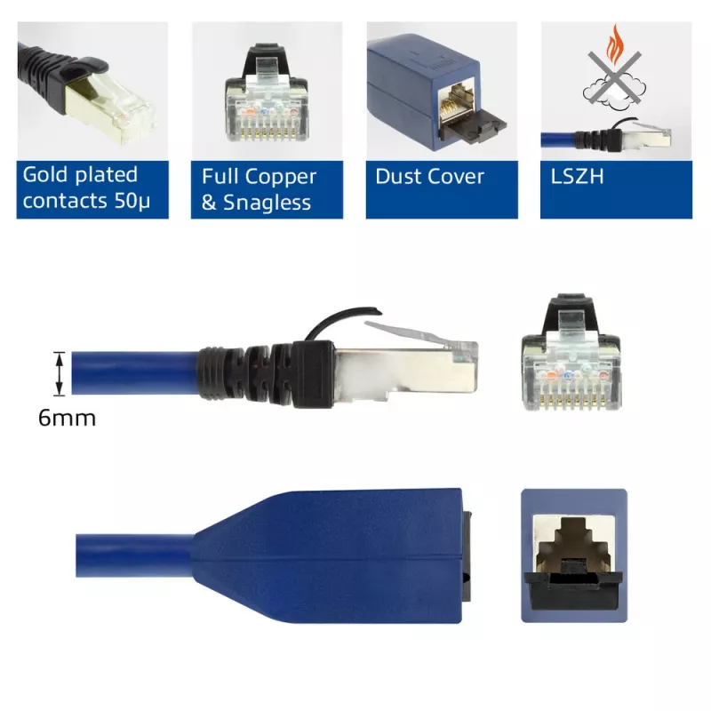 ACT blauw 2 meter LSZH S/FTP CAT6A MPTL verlengkabel met vergrendelingsbeveiliging RJ45-stekkers