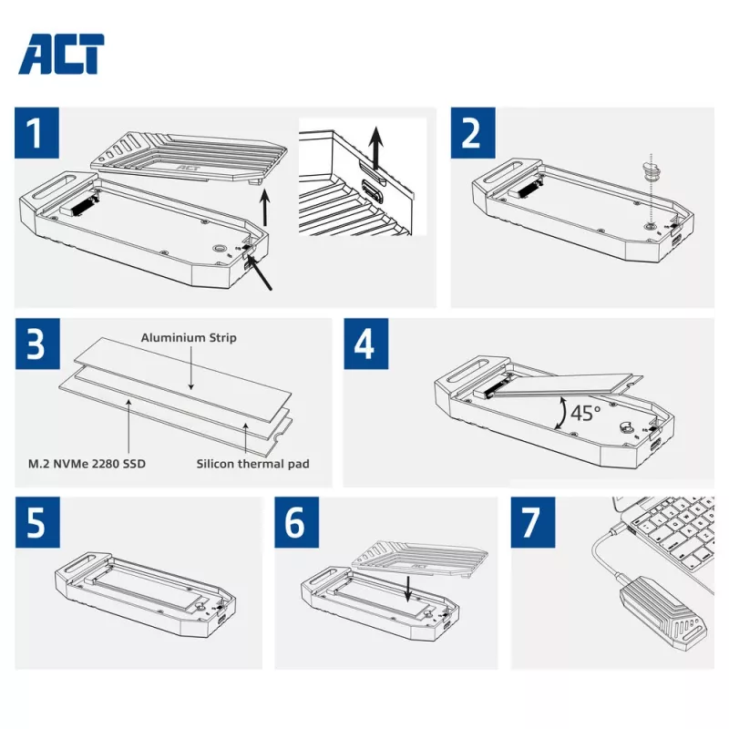 ACT USB 40 Gbit/s M.2 2280 NVMe / PCIe SSD-behuizing, gereedschapsloos