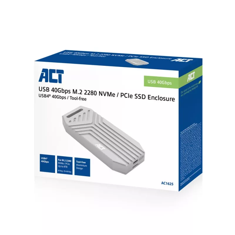 ACT USB 40 Gbit/s M.2 2280 NVMe / PCIe SSD-behuizing, gereedschapsloos