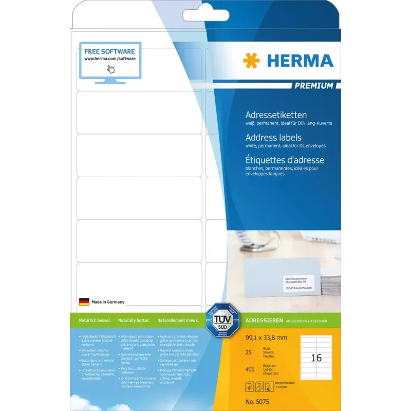 Adresetiketten Premium HERMA A4 99,1x33,8 mm 400 stuks