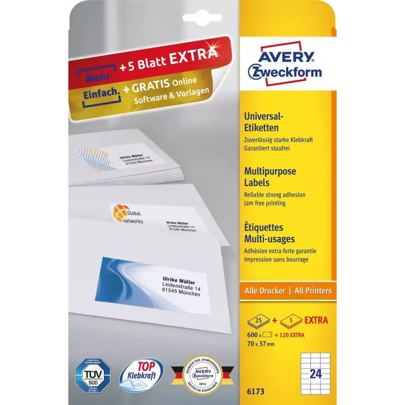 Zelfklevende etiketten Avery Zweckform 6173 rechthoekig permanent wit — 720 stuks