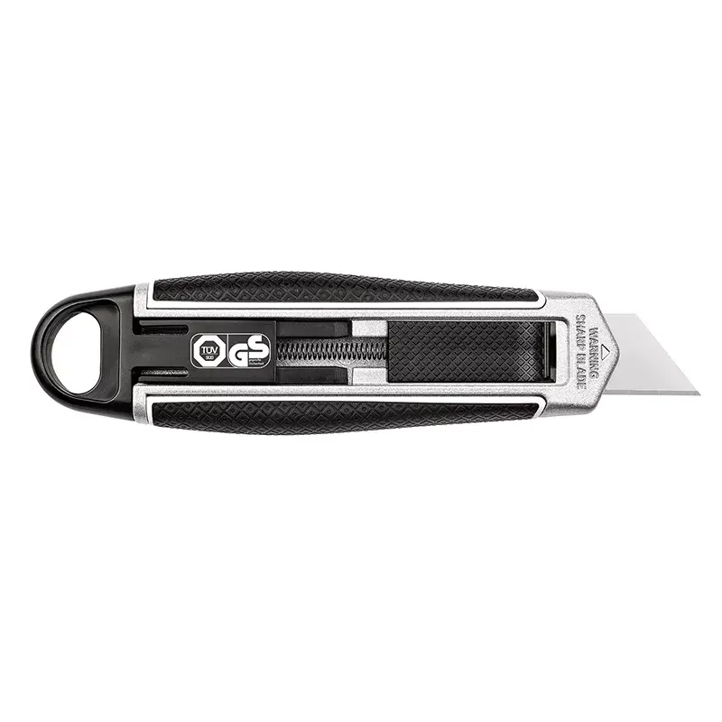 WEDO 78820 cuttermes voor linkshandigen, trapeziumvormig mes, metalen behuizing, incl. 2 mesjes, zwart/zilver